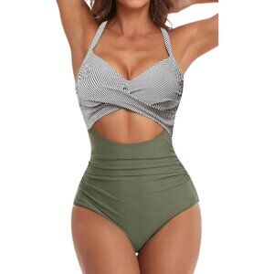 Women's High Waisted Cut Out Green Stripe Contrast One Piece Swimsuit Size L